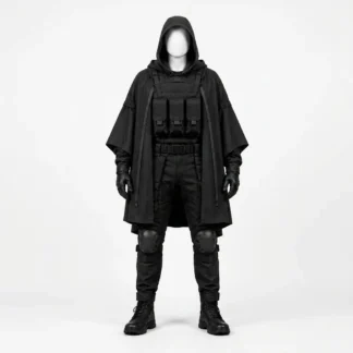 Black Tactical Combat Hooded Cloak Outfit – Post Apocalyptic Ranger Costume with Vest